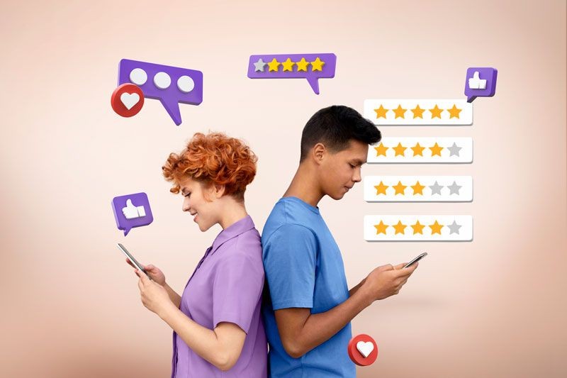 Two people back-to-back using phones with speech bubbles and star ratings displayed above.